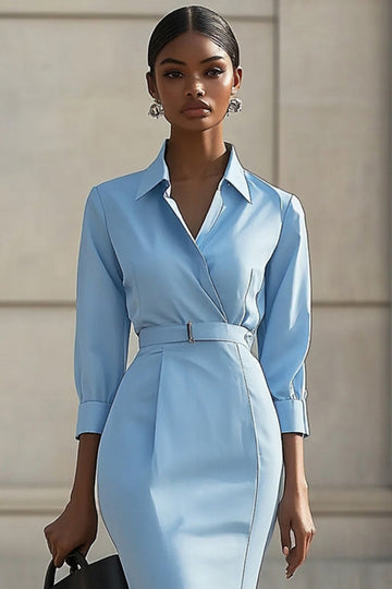 Sky Blue Bodycon Polo Collar Midi Work Dress with Belts